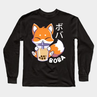 Kawaii Cute Fox Sipping Boba Milk Tea Long Sleeve T-Shirt